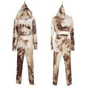 Tic Toc NEW Tie Dye 2-Piece Matching Cropped Hoodie Jogger Set Brown/Beige Small